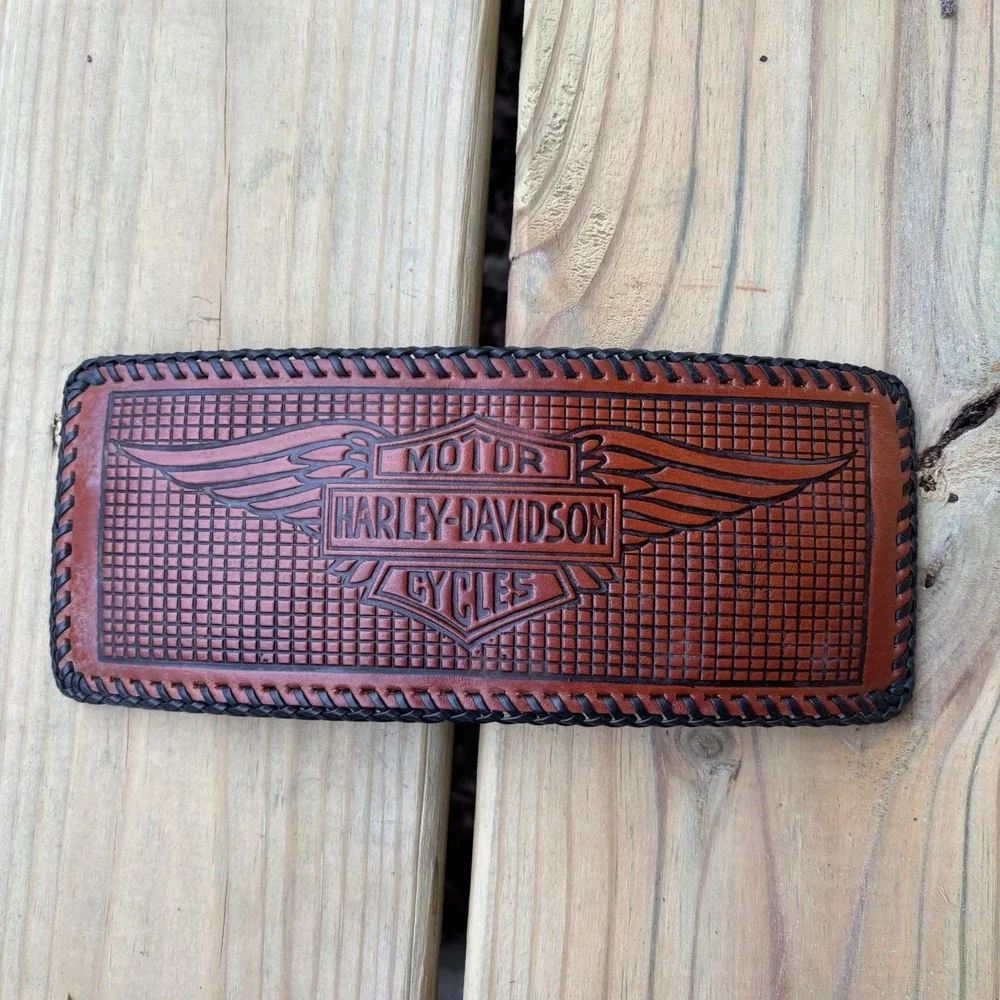 Vintage Leather Wallet Harley Davidson Hand Tooled Whipstitch Bifold Biker